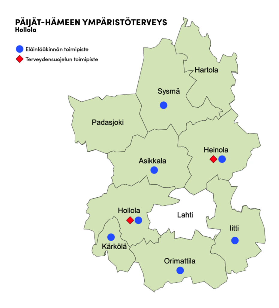 Päijät-Hämeen ympäristöterveyden toiminta-alue ja toimipisteet kuvattuna karttana.